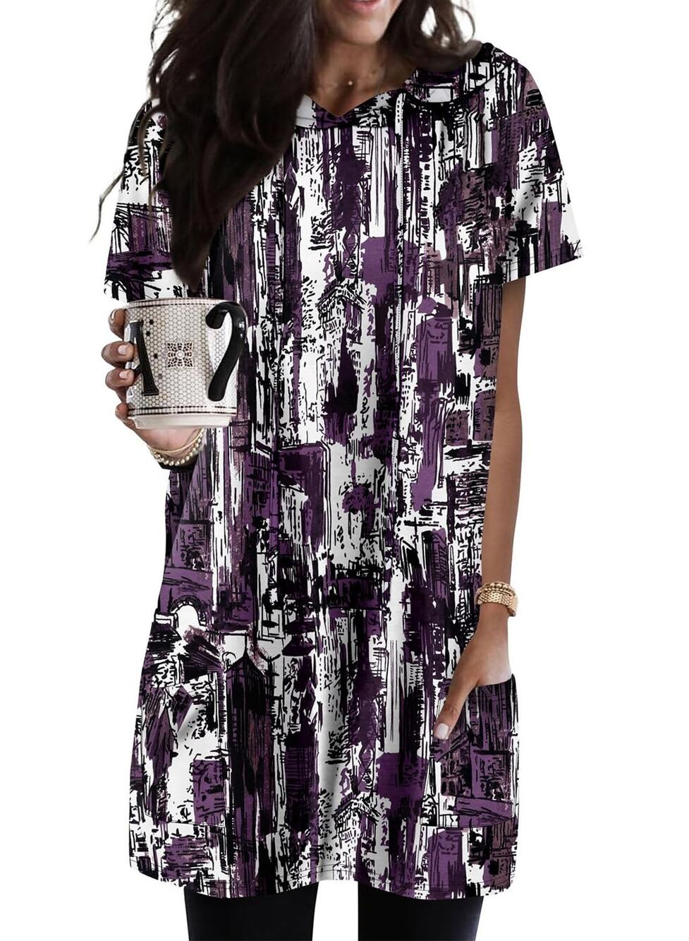 KISSMODA Womens XXL Purple White Tunic T Shirt Dress Pockets Abstract Print